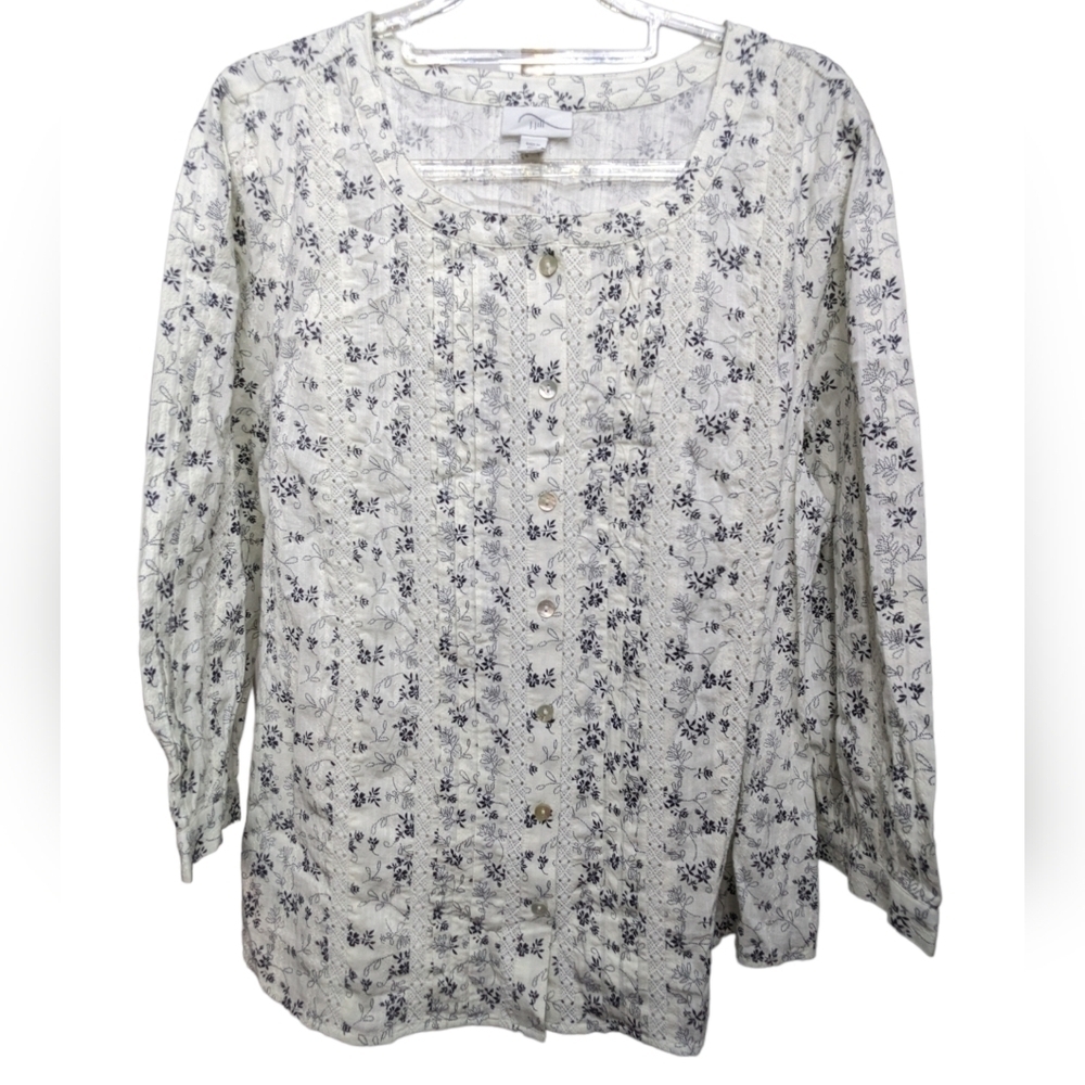 J Jill Pintucked Lace A-Line Floral Blouse Sz M